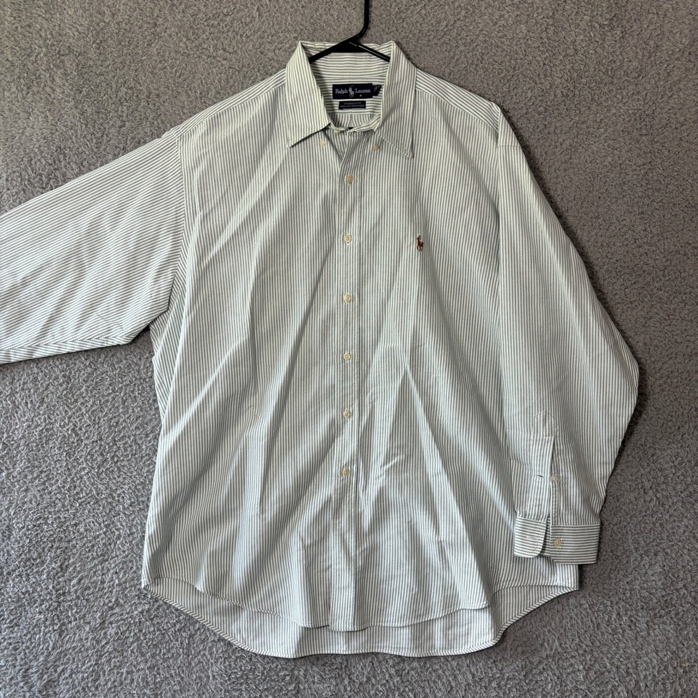 Ralph Lauren Yarmouth Green White Striped Oxford Shirt Mens XL Long Sleeve